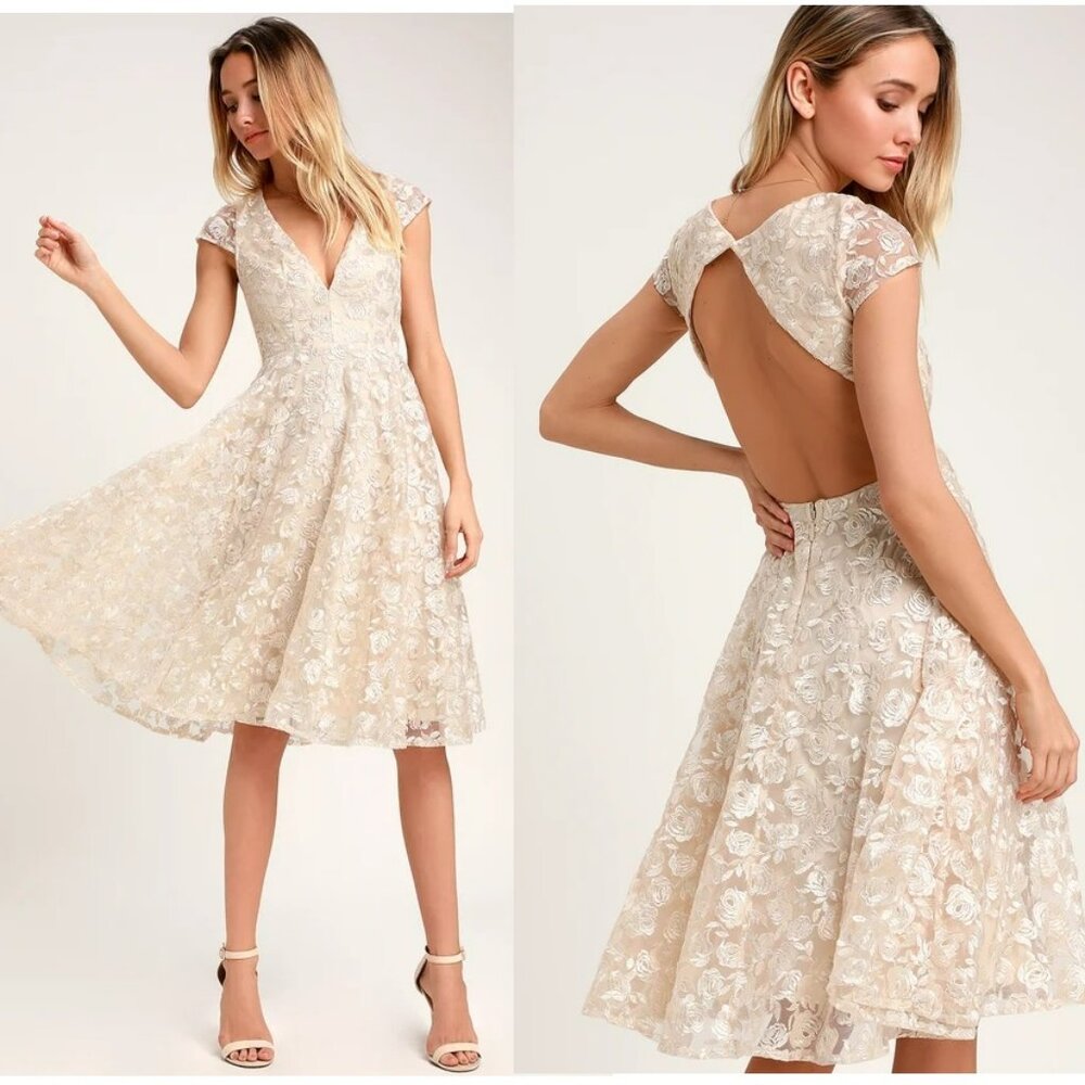 Lulu's Jacqueline Champagne Floral Embroidered Backless Midi Dress Sz L